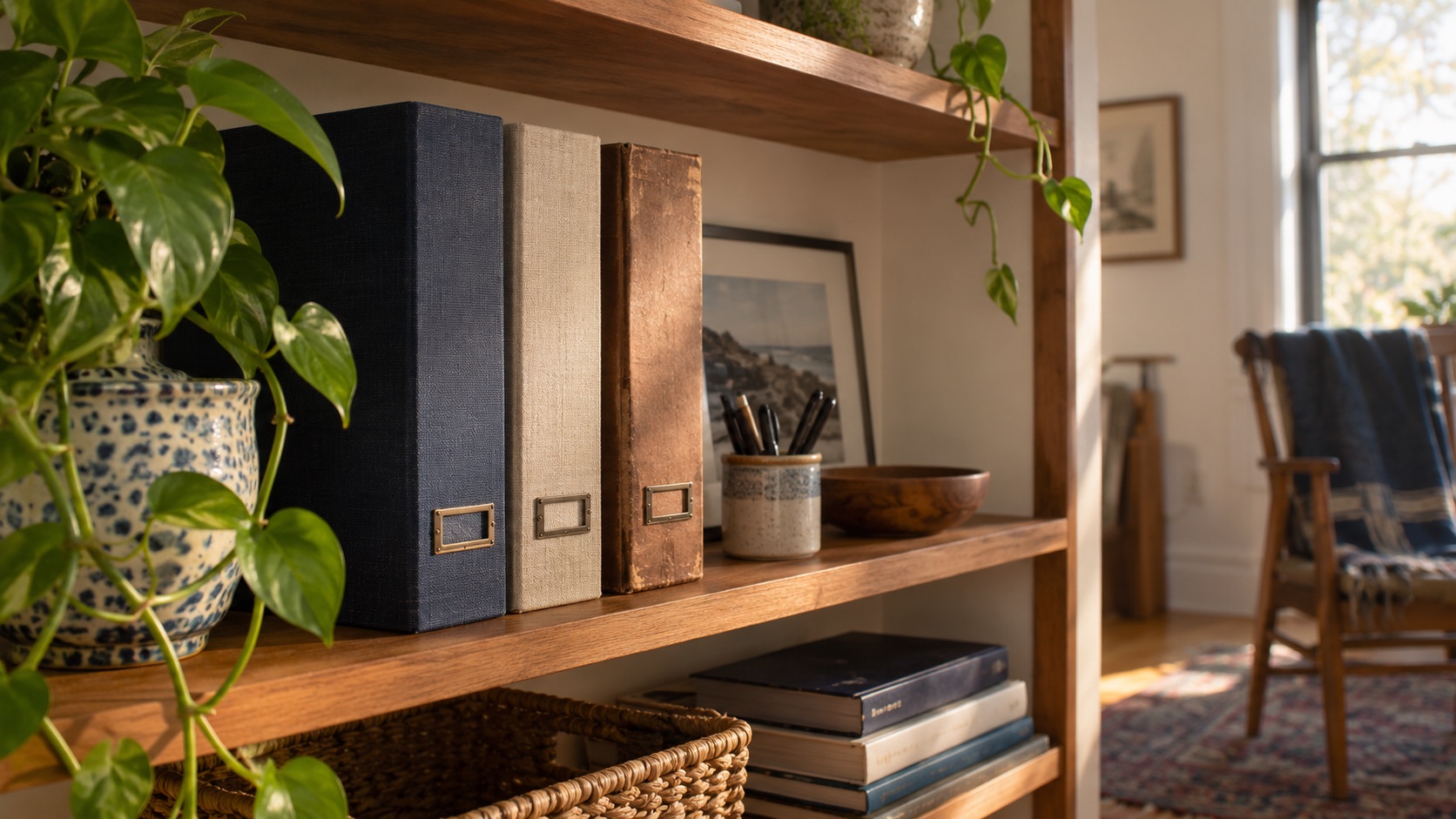 Three plain archival folders arranged along a shelf with different household objects nearby