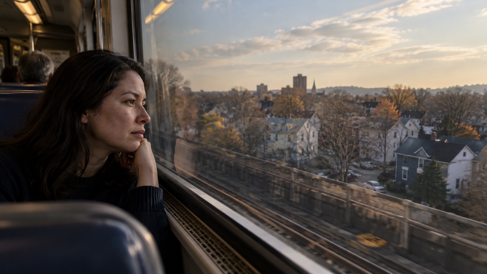 A person looking at a residential street through a train window, with their reflection faintly visible