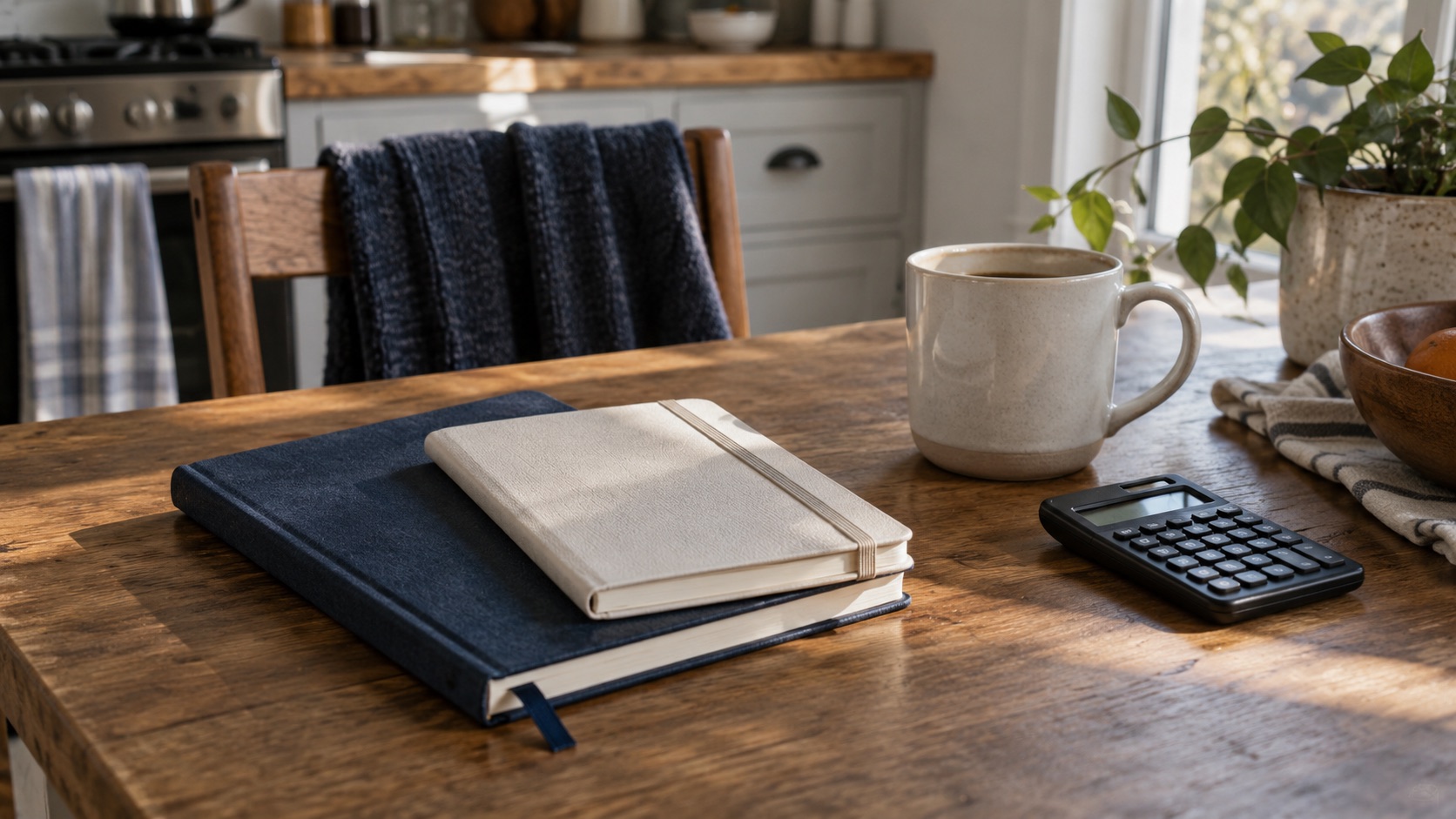 Two differently sized unmarked notebooks beside a calculator and a cup on a dining table