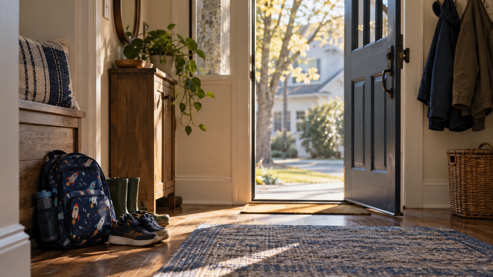 Child's shoes and a small backpack by a home doorway, with an adult coat nearby