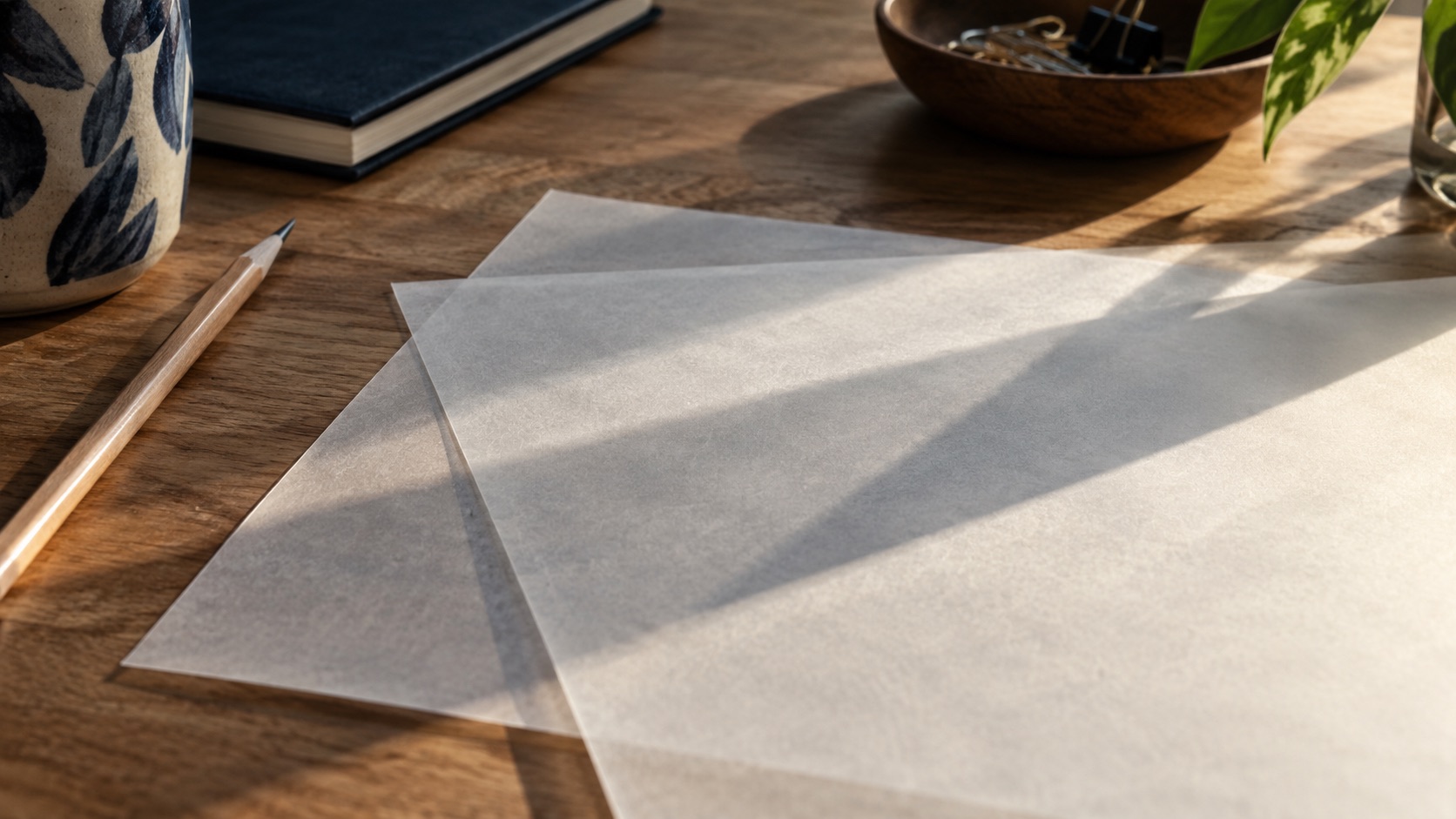 Three translucent plain paper sheets overlapping on a sunlit desk