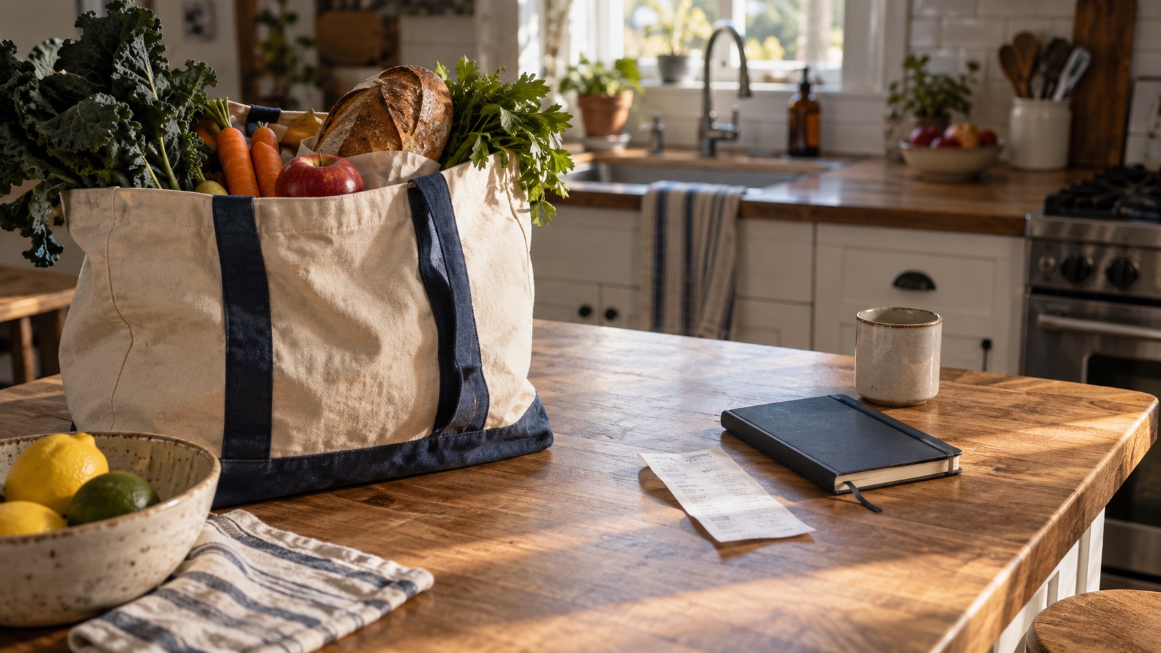 A bag of groceries, a receipt, and a notebook on a kitchen table