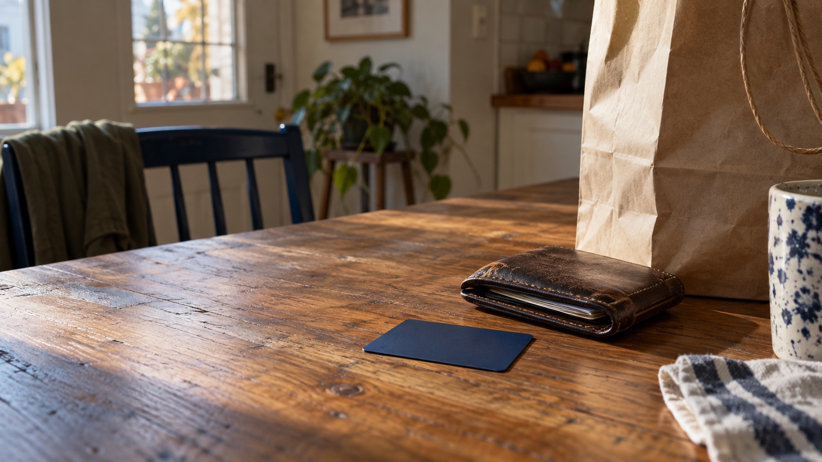 An unbranded bank card turned face down beside a paper shopping bag and a wallet