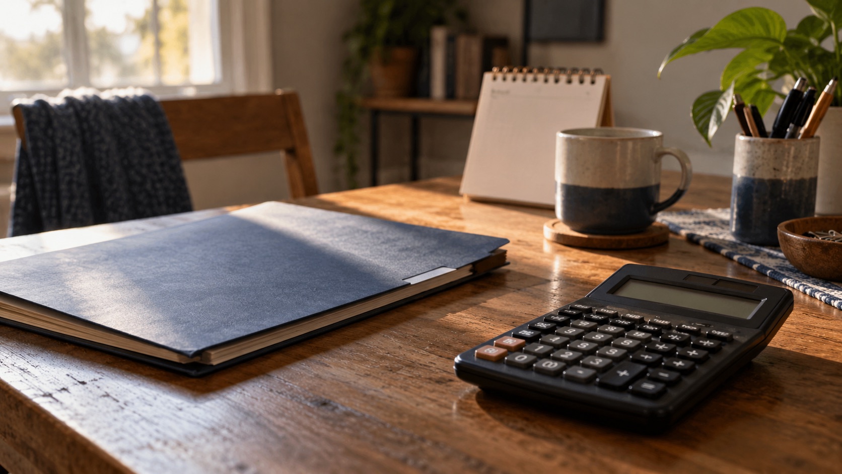A calculator beside a closed loan folder and a simple calendar on a desk