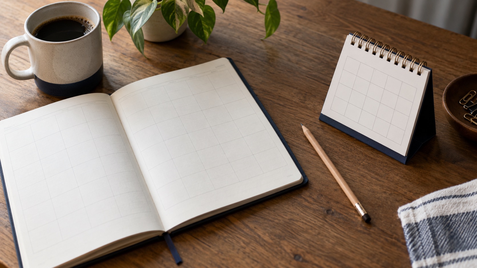 An unmarked annual planner beside a smaller monthly desk calendar and a pencil