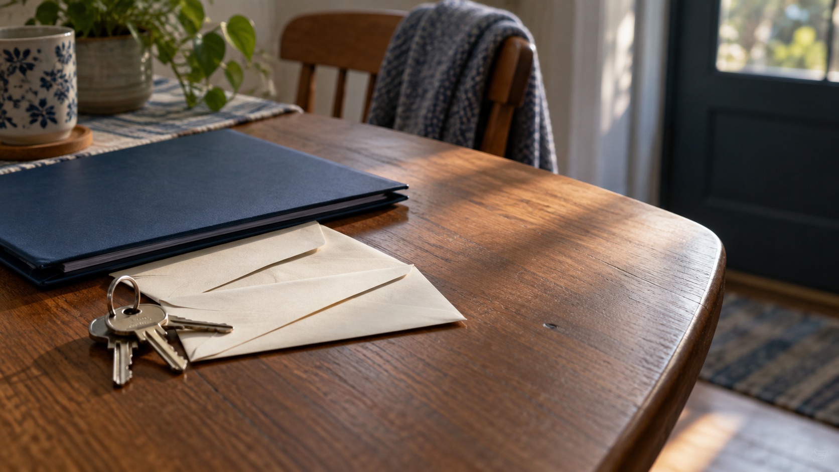 House keys beside two separate envelopes and a closed folder on a wooden table