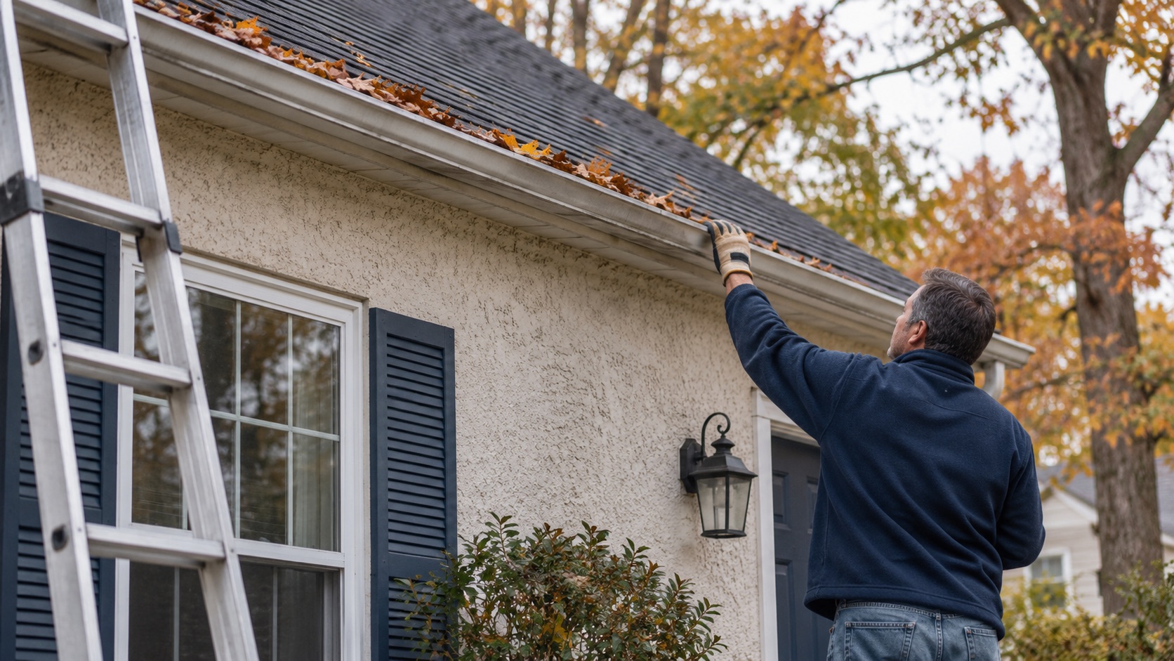 A homeowner inspecting a rain gutter at a modest house, with a ladder at the edge of the frame
