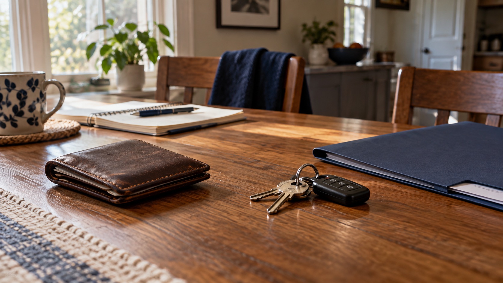 A dining table with a wallet, house keys, study notebook, and closed planning folder arranged in separate areas