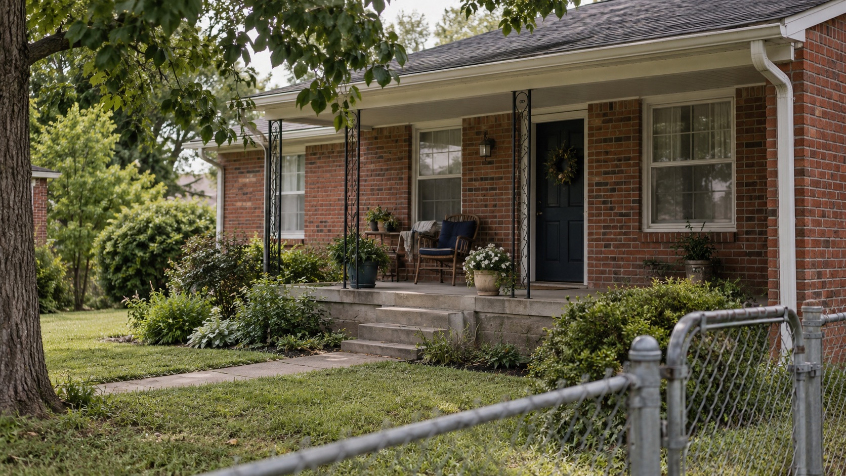 A modest home's front porch seen through nearby trees, with a closed gate in the foreground