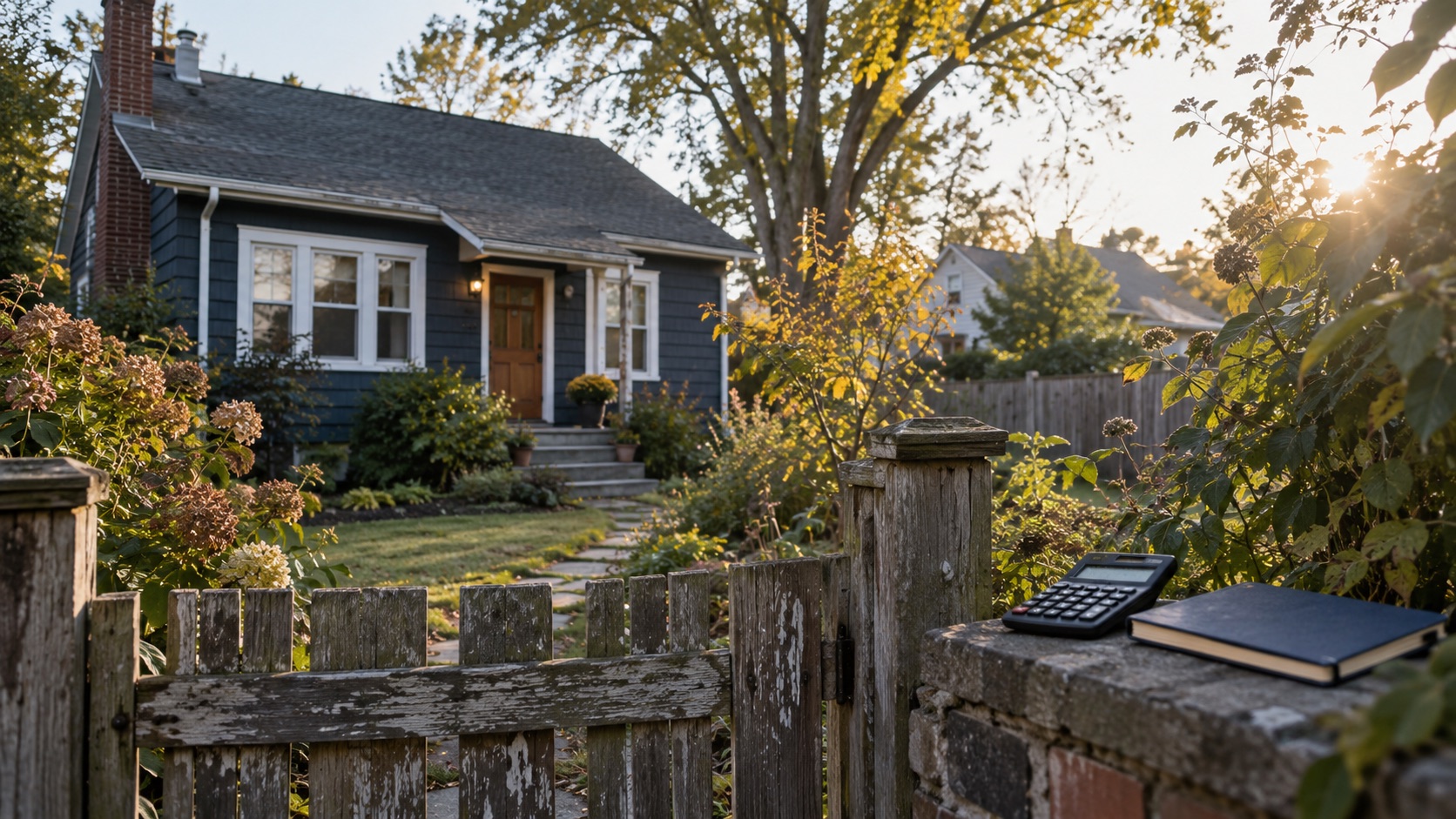 A small detached house seen beyond a garden gate with an unmarked calculator on a foreground ledge