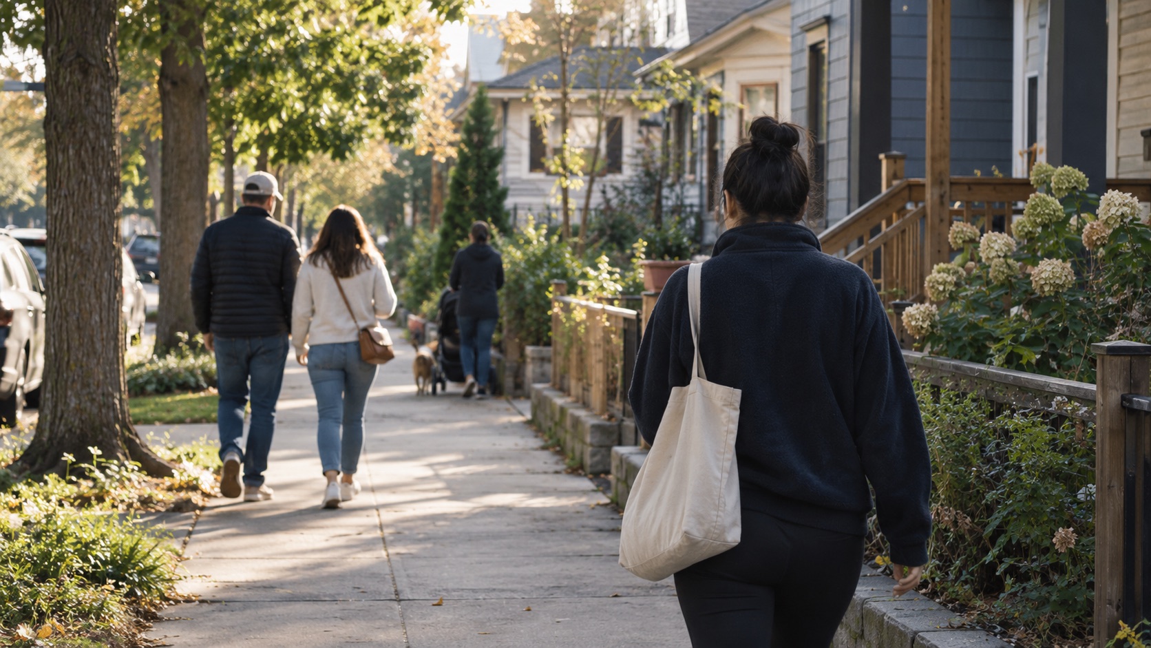 A community walkway with a couple, one solo adult, and a parent with a stroller at different distances