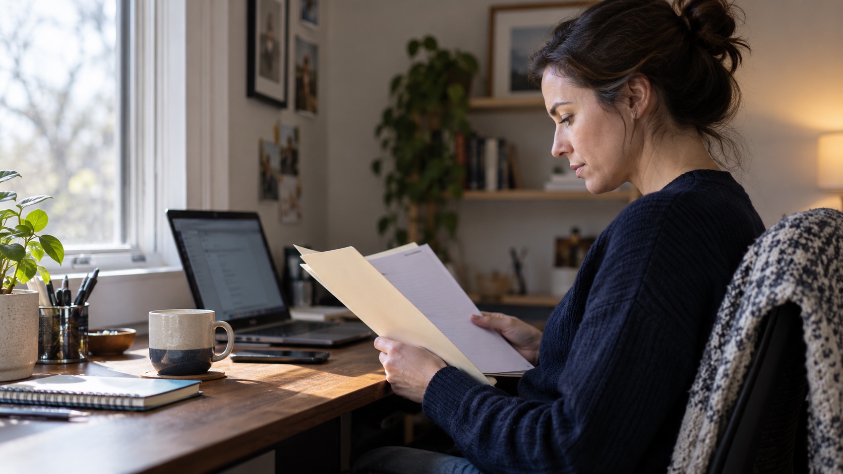 An adult reviewing a plain folder beside a laptop in a modest home office