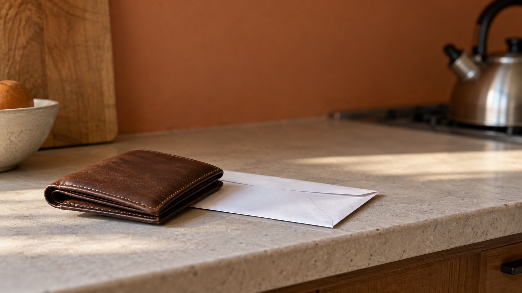 A plain wallet and a household utility envelope on a kitchen shelf