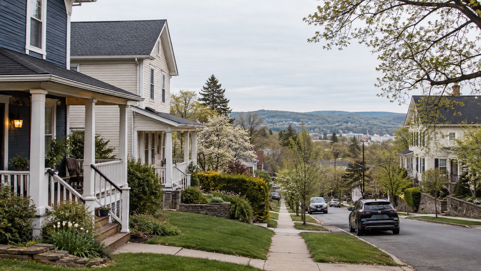 Several ordinary homes receding down a street with one larger house partially visible farther away