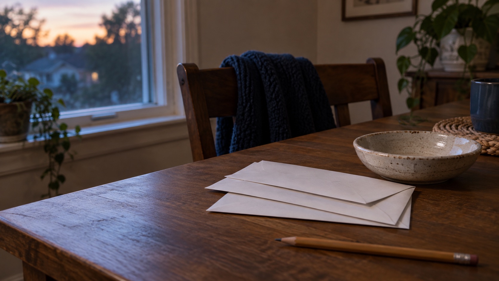 A small pile of household envelopes beside a nearly empty ceramic bowl on a table