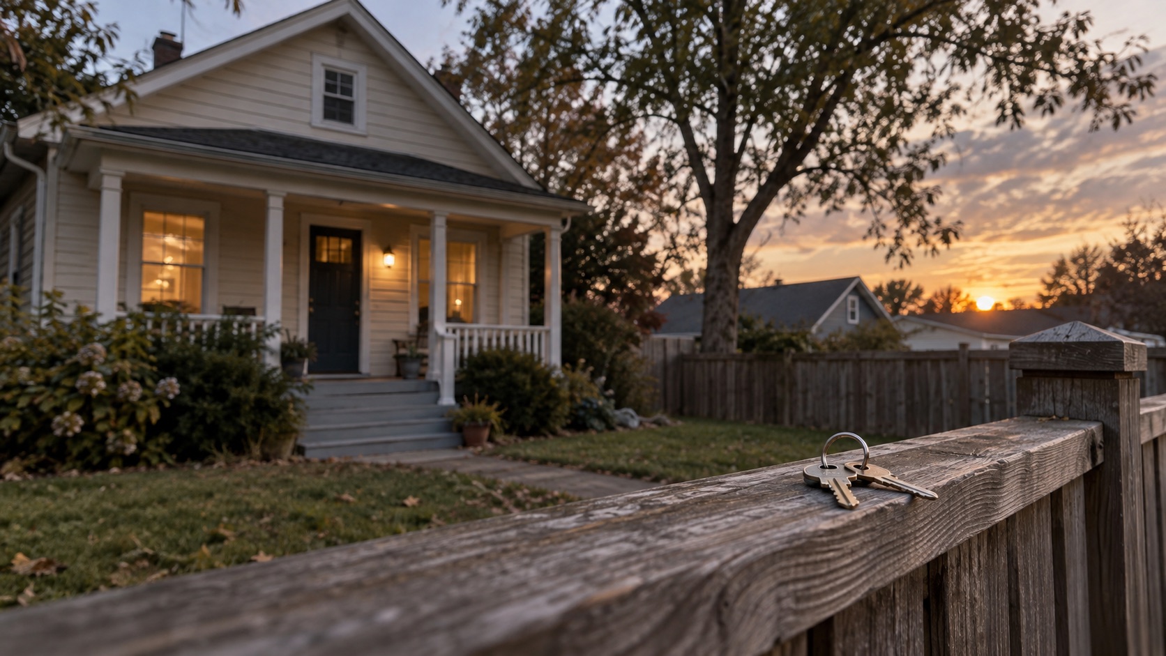 A modest house partly visible behind a foreground fence with keys resting on the fence rail
