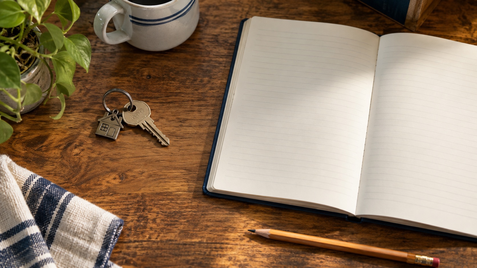 A house key and an open blank ledger placed on separate sides of a table