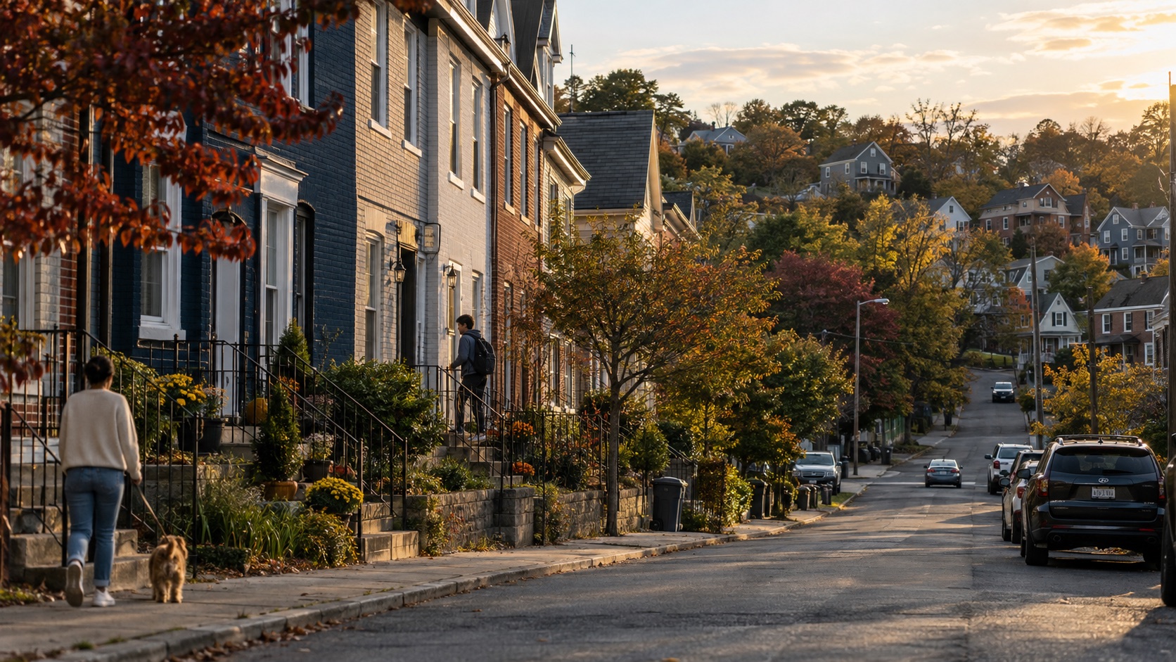 Several different modest housing types along a sloping neighborhood street
