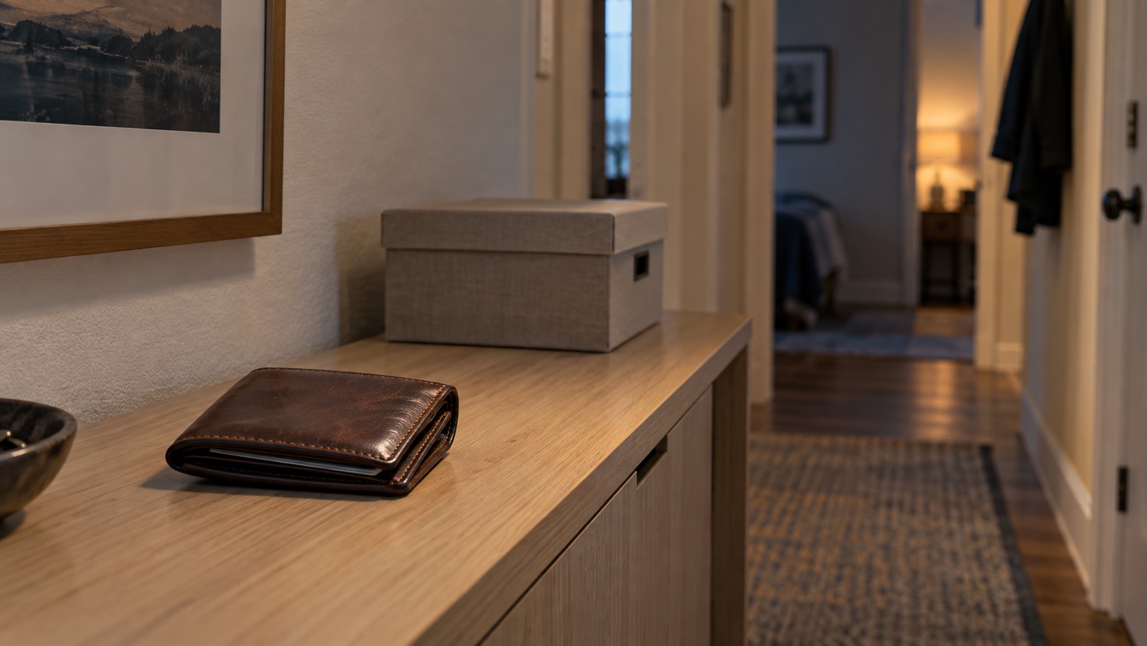 A plain wallet in the foreground with a home interior and closed document box behind