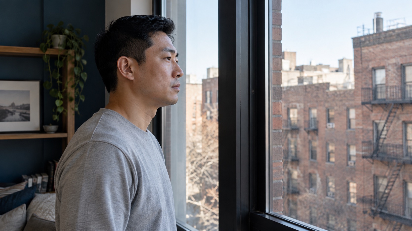 An adult in their thirties standing by a home window with a neighborhood visible beyond