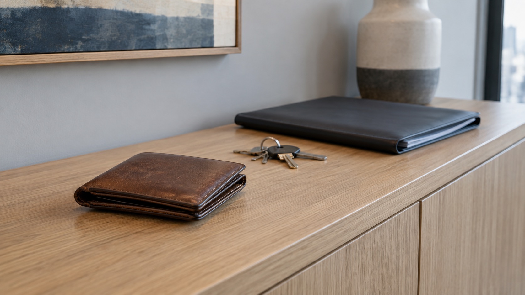 A house key, closed long-term planning folder, and an everyday wallet on a sideboard