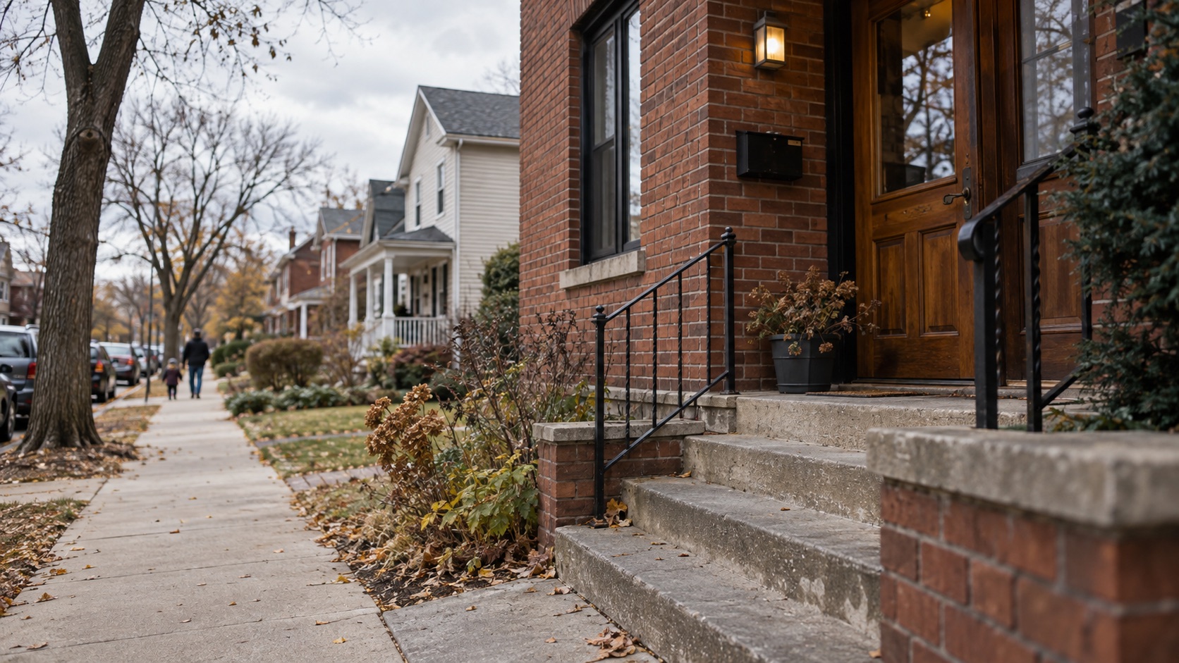 A residential block with a small apartment entrance in the foreground and houses beyond