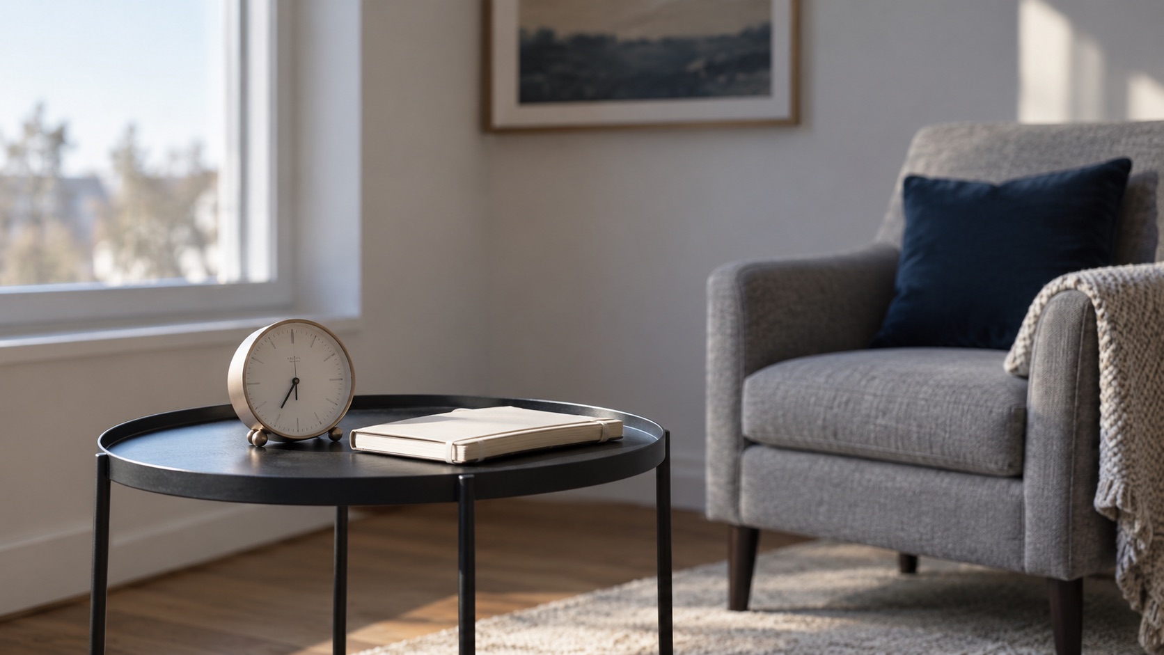 An older analog clock beside a closed planning notebook in a sunlit living room