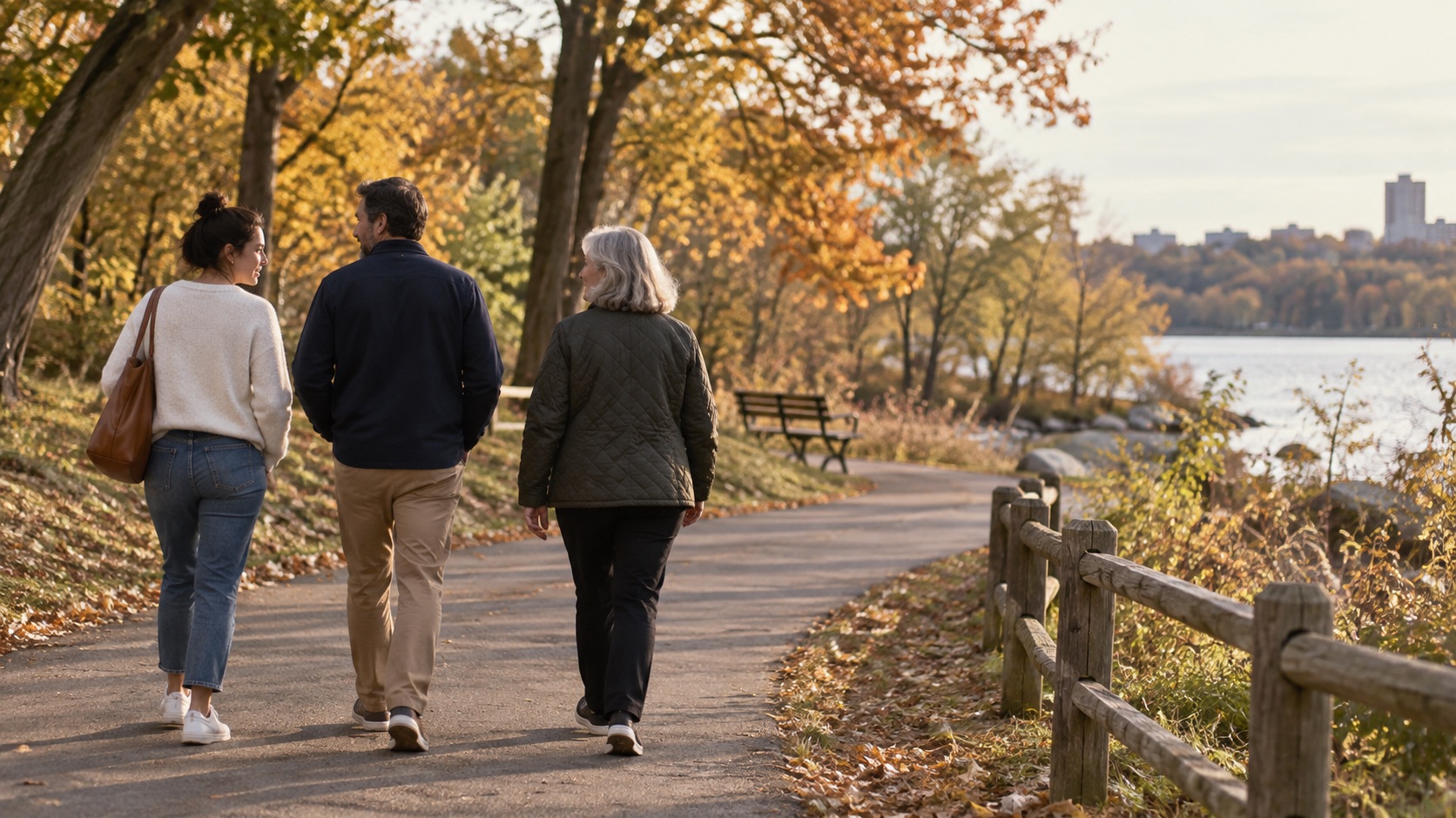 Three adults of different ages walking on a neighborhood path, seen candidly from behind