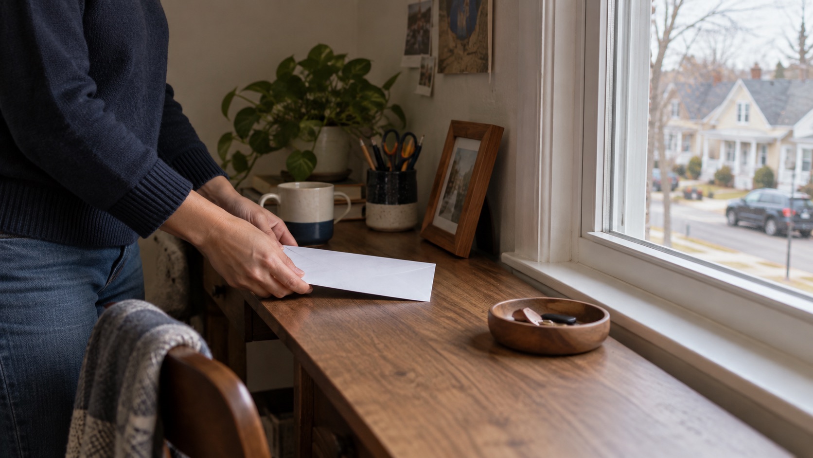 A person setting aside an unmarked envelope near a window overlooking ordinary homes