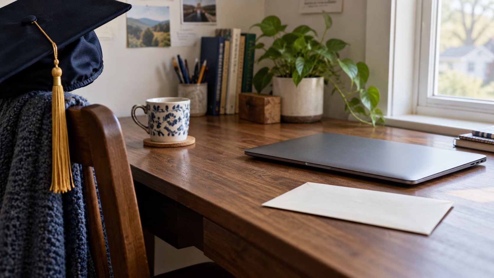 A closed laptop, graduation cap, and plain envelope on a small home desk