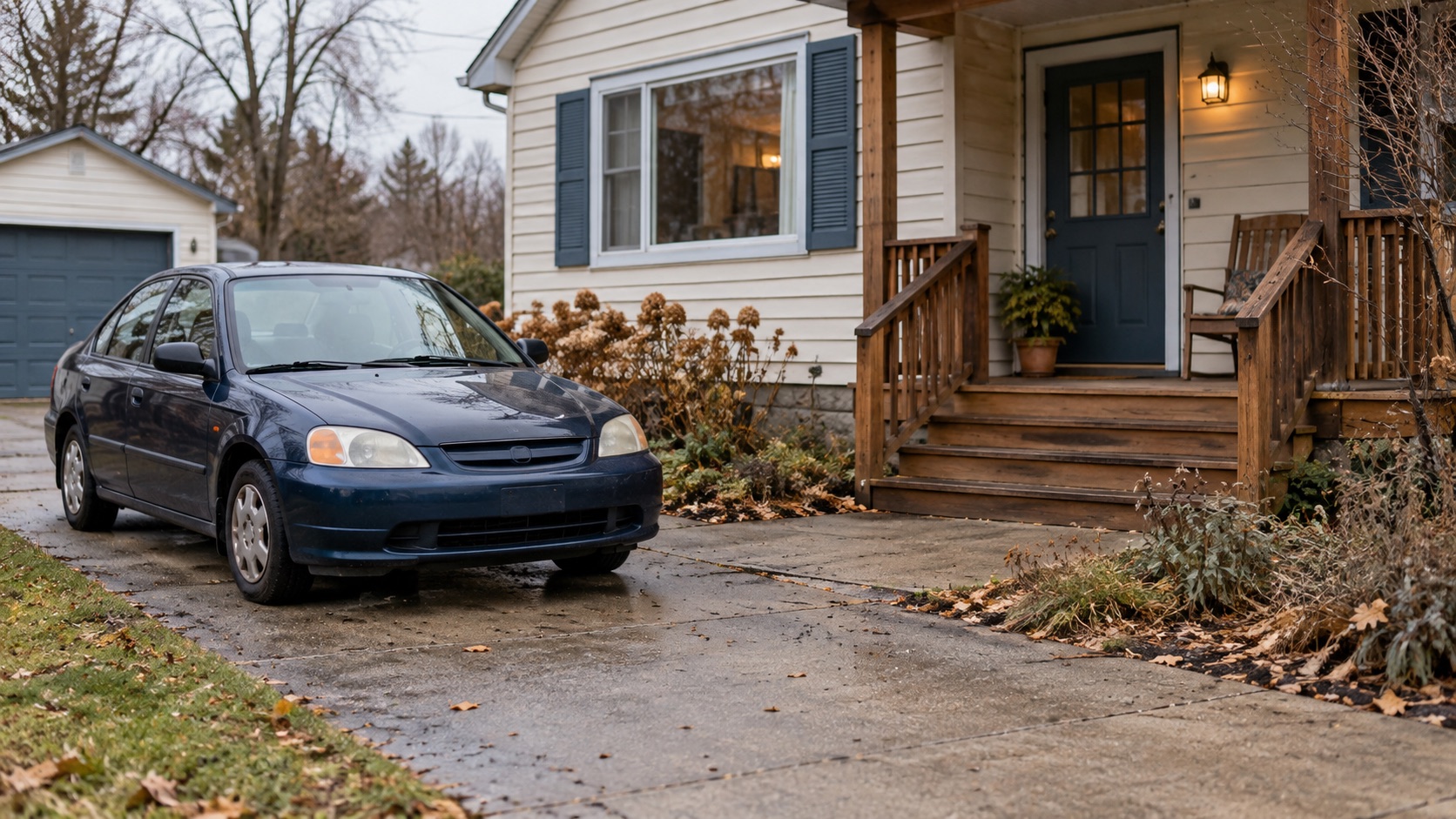 An ordinary compact car parked beside a modest home, viewed from a driveway edge