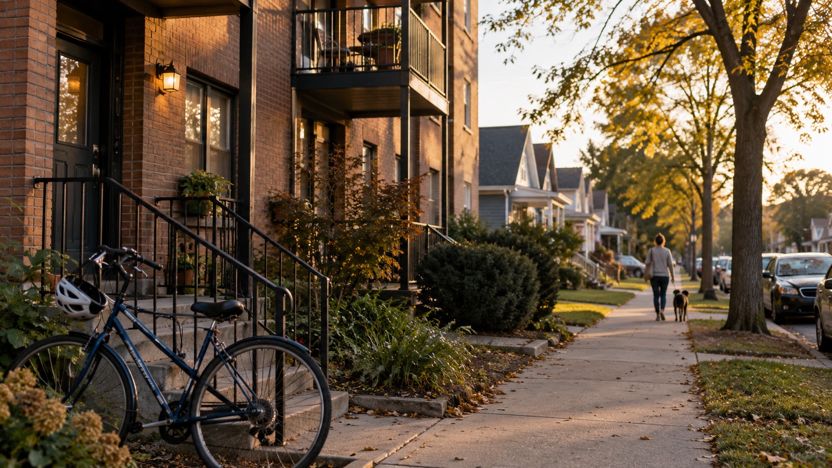 A modest apartment building and neighboring detached homes along a leafy residential street