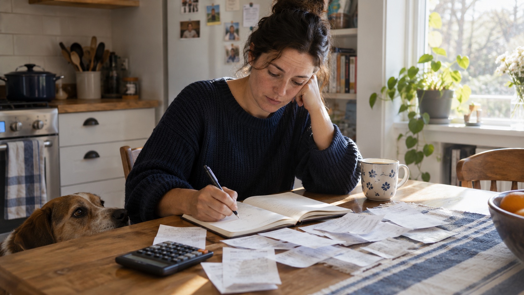 A household budget workspace near a kitchen window with a notebook, receipts, and a calculator