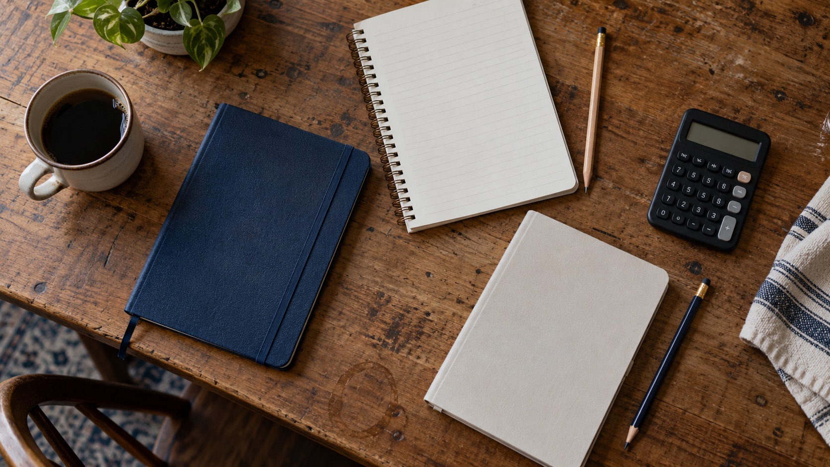 Three separate open unmarked notebooks laid at different angles on a table