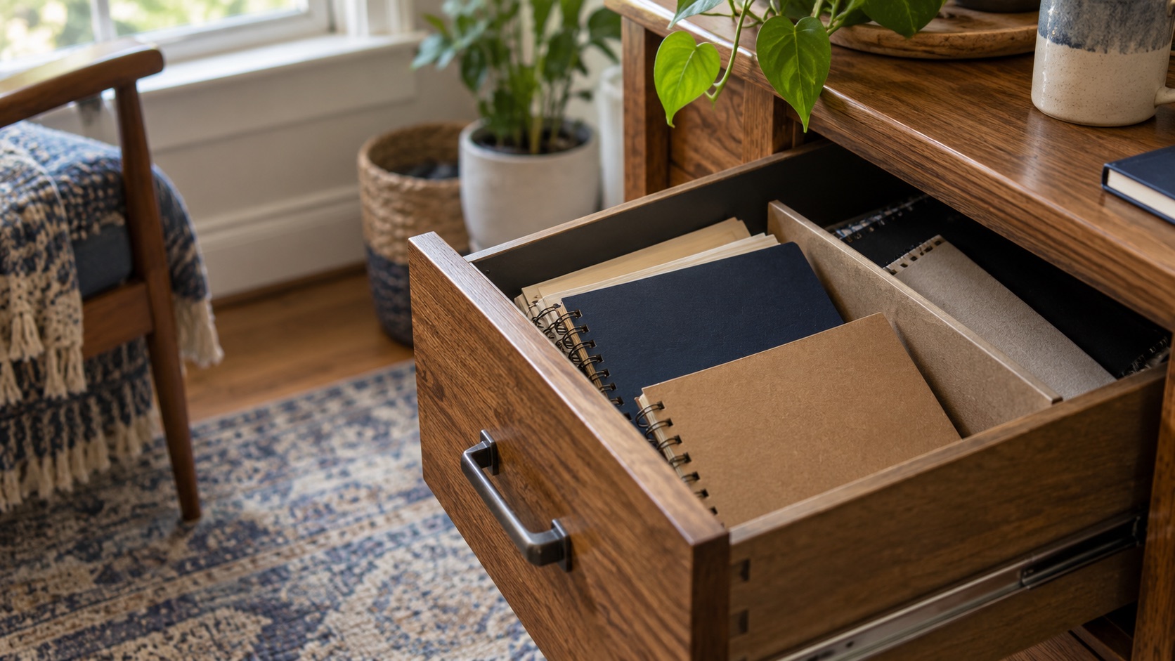 Several plain paper notebooks arranged in a shallow drawer with one divider
