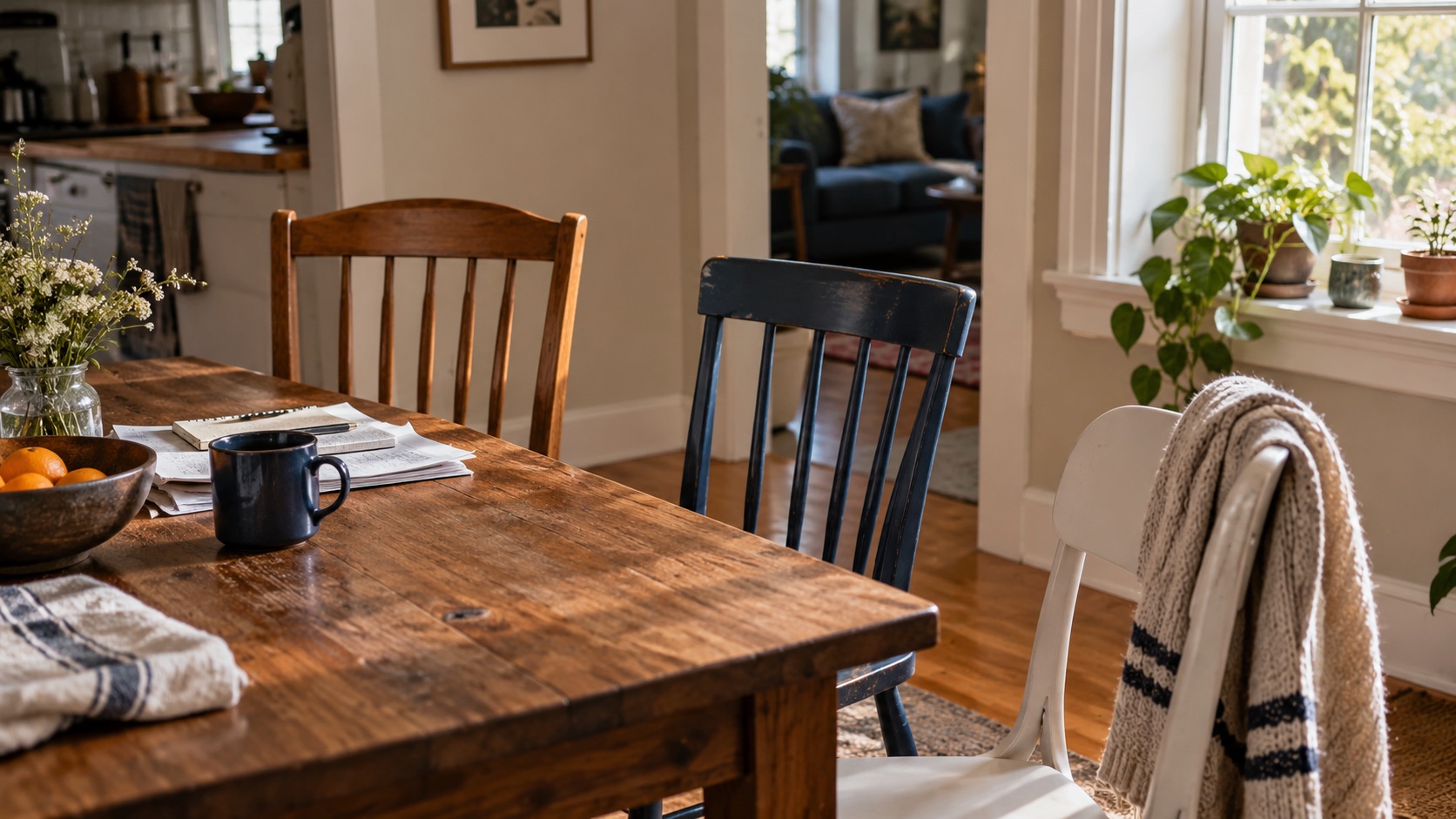 Three different ordinary household chairs around a dining table, viewed from an angle
