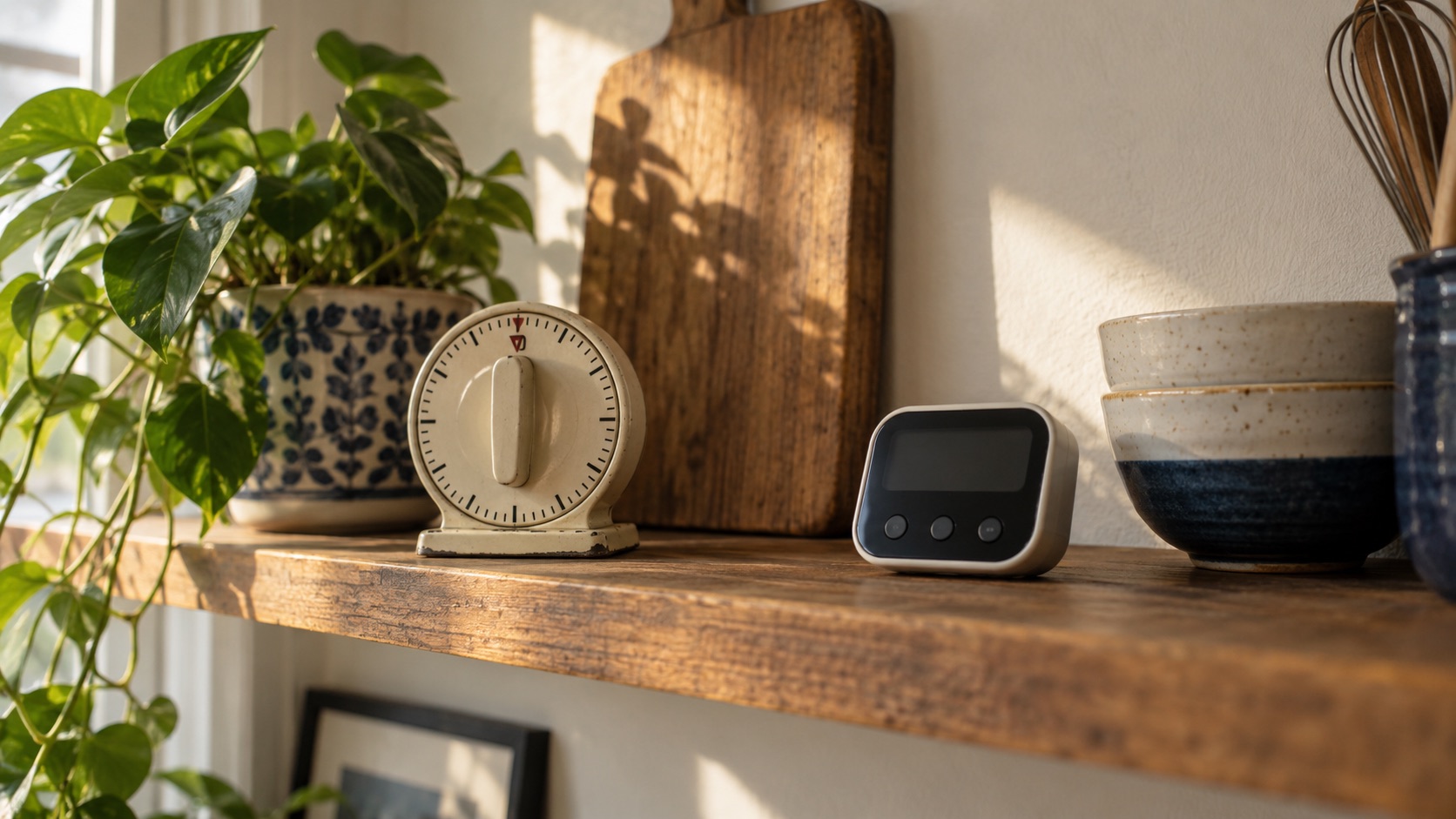 An analog kitchen timer and a small digital timer beside dishes on a kitchen counter