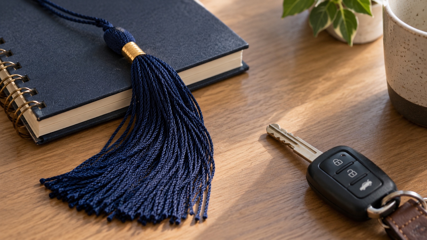 A small graduation tassel and car key placed apart on a plain desk